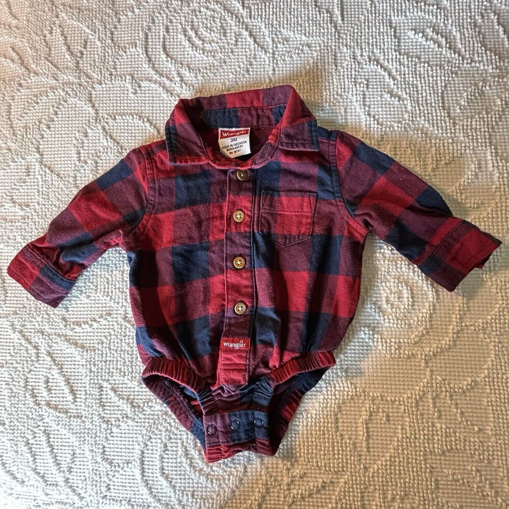 Wrangler Baby Plaid Flannel Long Sleeve 3M One-Piece Red Navy 100% Cotton
